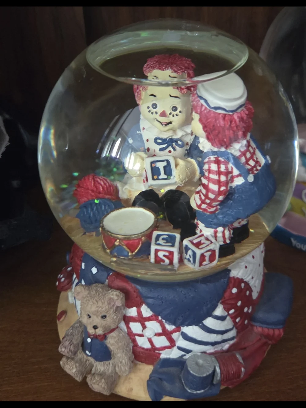 Rare vintage raggedy ann & andy musical snow globe . Plays you are my sunshine,